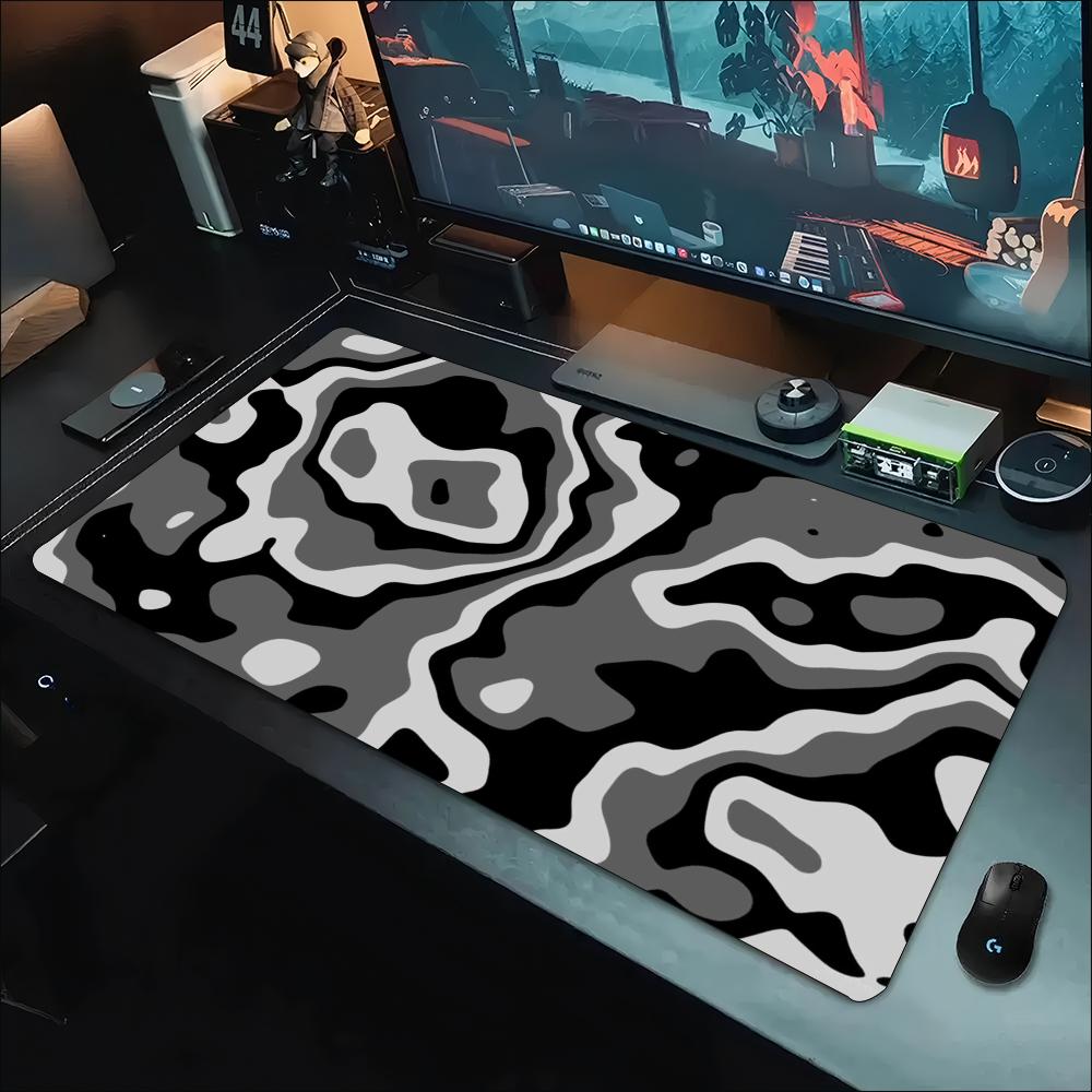 Work Desk Home Setup - Schreibtischunterlage Grau-Weiß mit Topografischem Wirbelmuster, Genähtem