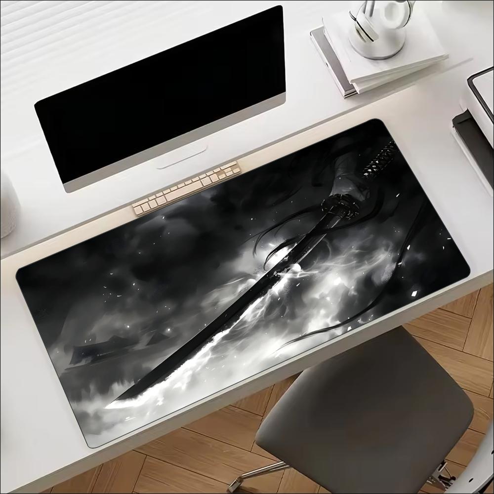 Work Desk Home Setup - Schreibtischunterlage mit japanischem Samurai-Katana-Schwert-Druck, genähtem Rand,