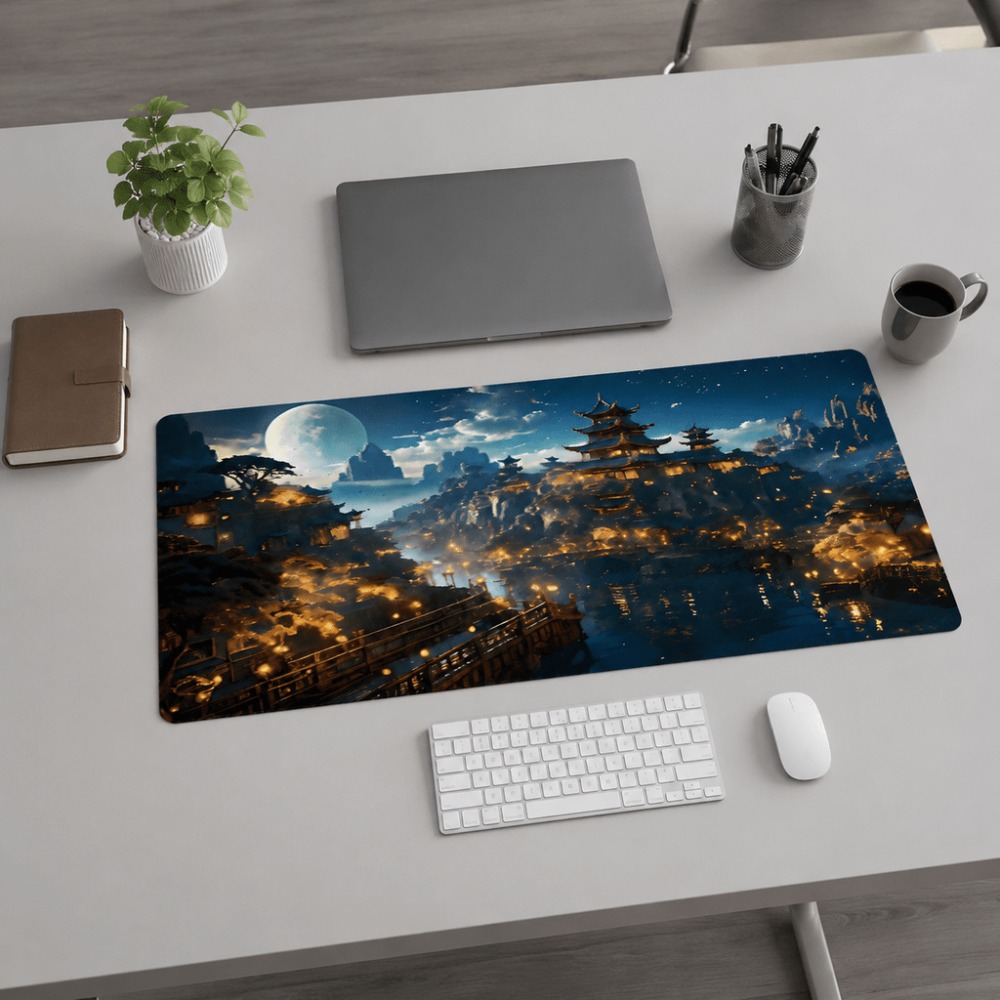 Work Desk Home Setup - Original Fantasy-Nachtstadt-Mond-Print, längliche Tischmatte. Geeignet für