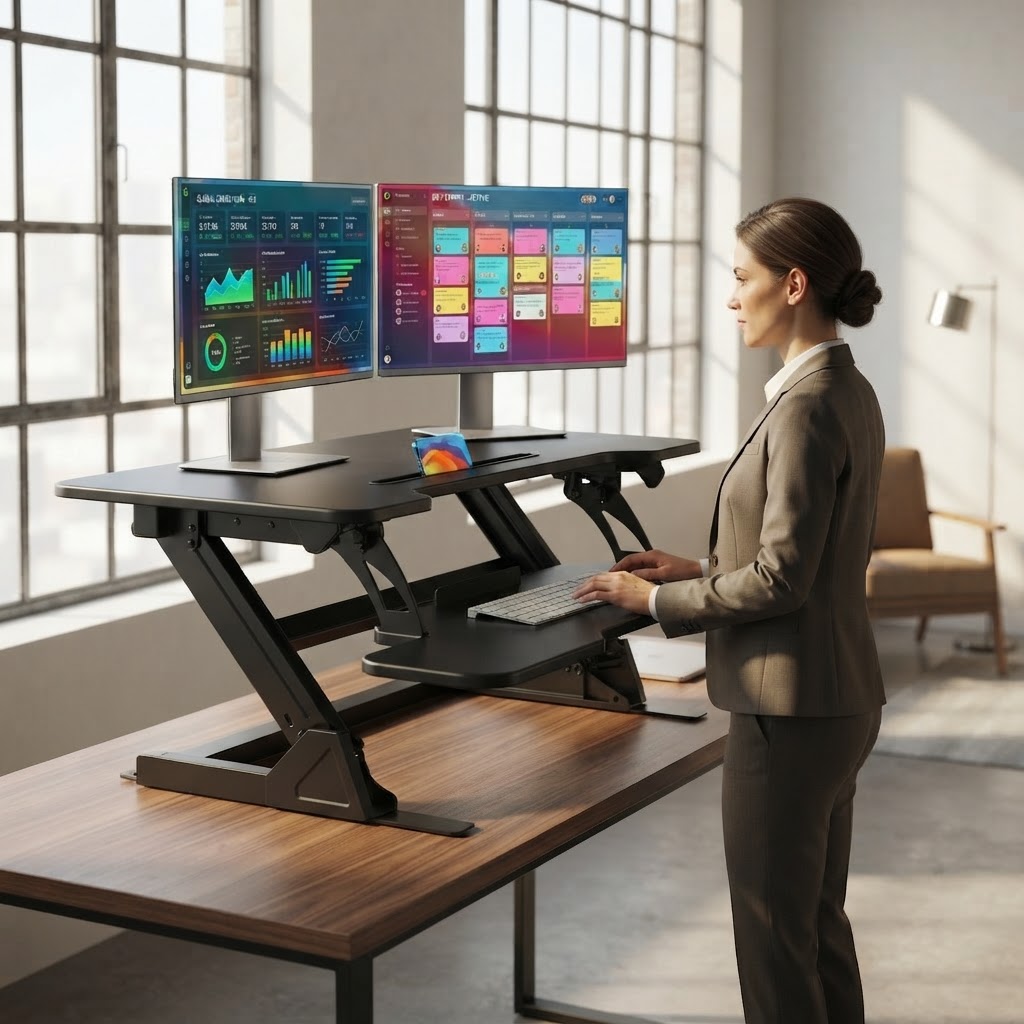 Dual Monitor Desk Setup - 36-Zoll Z-förmiger Stehpult-Aufsatz mit breiter Tastaturablage,