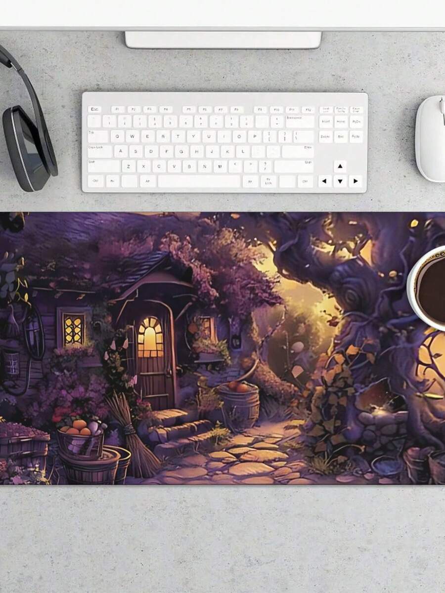 Work Desk Home Setup - Großes Gaming-Mauspad mit Fantasy-Cottage-Design, rutschfeste Gummibasis,