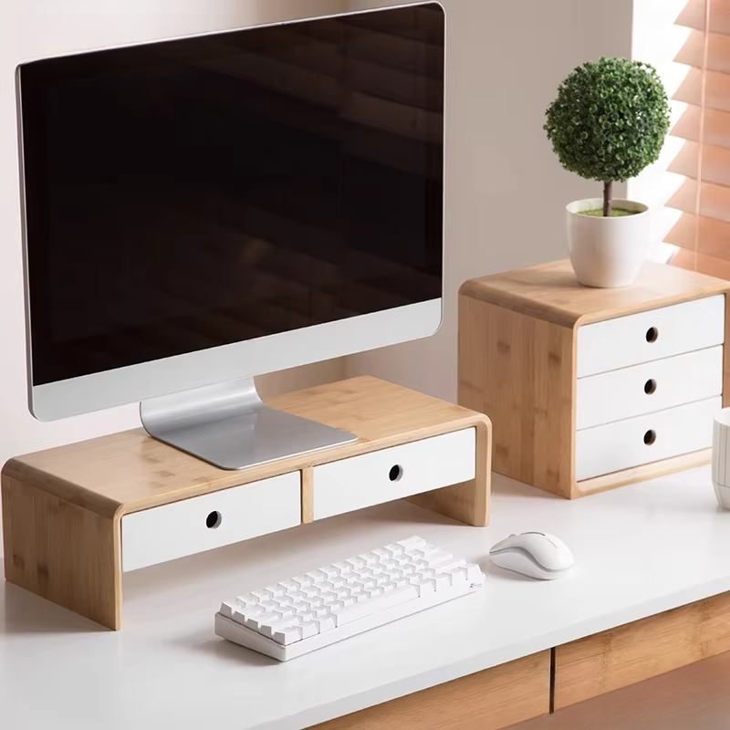 Desk Setup Living Room - Bambus-Laptop-Monitor-Riser, umweltfreundlicher Desktop-Organizer mit Schublade für