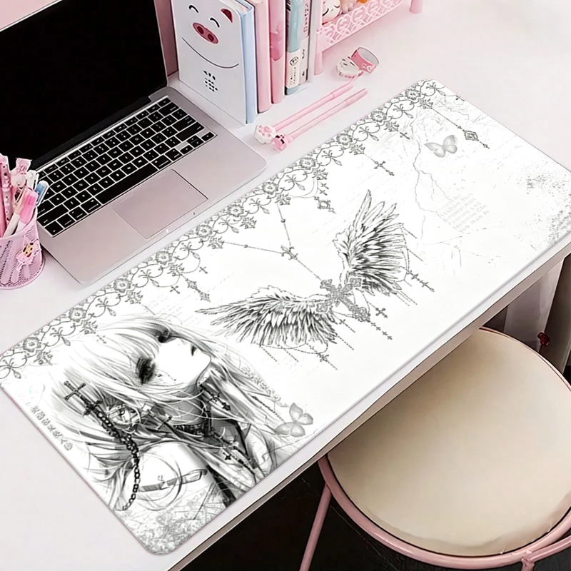 Desk Setup White - Leder-Mauspad Schwarz Weiß Anime Ästhetik Engel-Mädchen